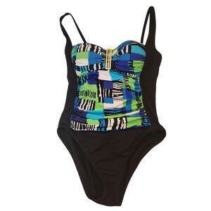 La Blanca One Piece Padded Ruched Swimsuit Gold Emblem Bathing Suit Black Blue 8